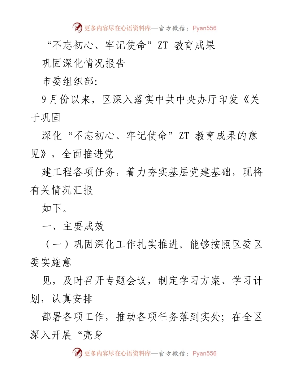 [工作总结] 党建工作会议 - 深化“不忘初心、牢记使命”教育成果的实施情况报告.docx_第1页