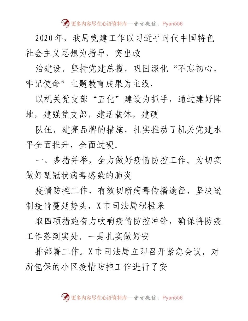 [工作总结] 党建工作 - 2020年X市司法局党建工作总结与疫情防控措施实施情况.docx_第1页