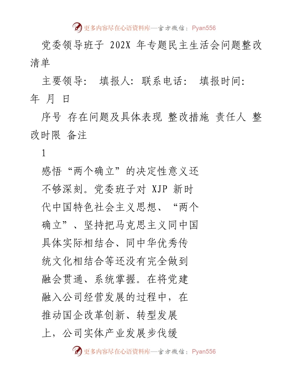 [工作总结] 党委领导班子 - 202X年专题民主生活会问题整改清单分析与改进措施.docx_第1页