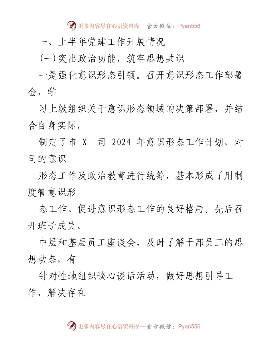 [工作总结] 党建工作 - 2024年上半年市X司党建工作总结.docx_第2页