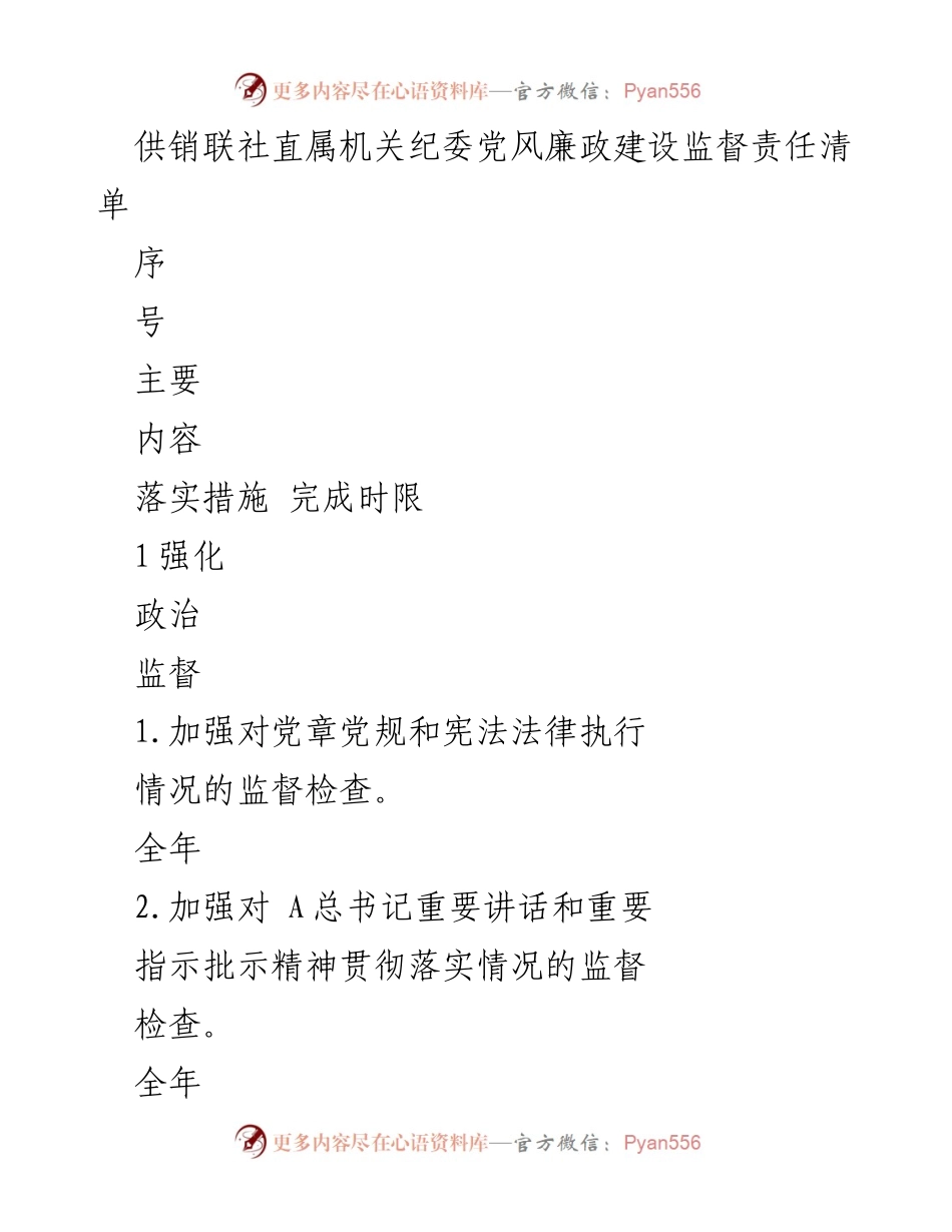 [工作总结] 供销联社直属机关纪委 - 党风廉政建设监督责任清单概述.docx_第1页