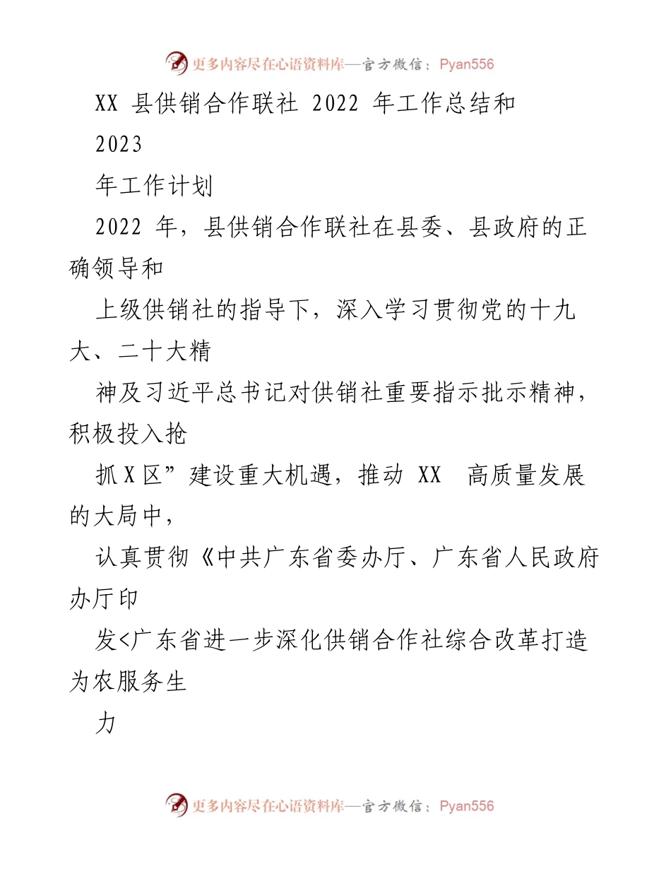 [工作总结] 供销合作联社 - XX县供销合作联社2022年工作总结与2023年工作计划.docx_第1页