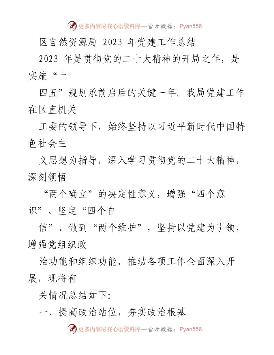 [工作总结] 党建工作 - 2023年区自然资源局党建工作总结.docx_第1页