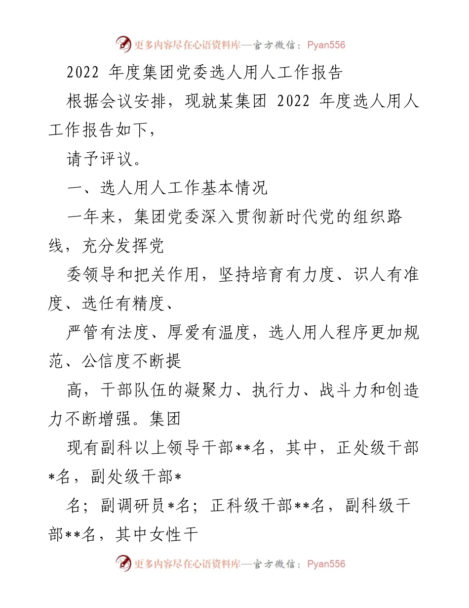 [工作总结] 党委会议 - 2022年度选人用人工作总结报告.docx_第1页