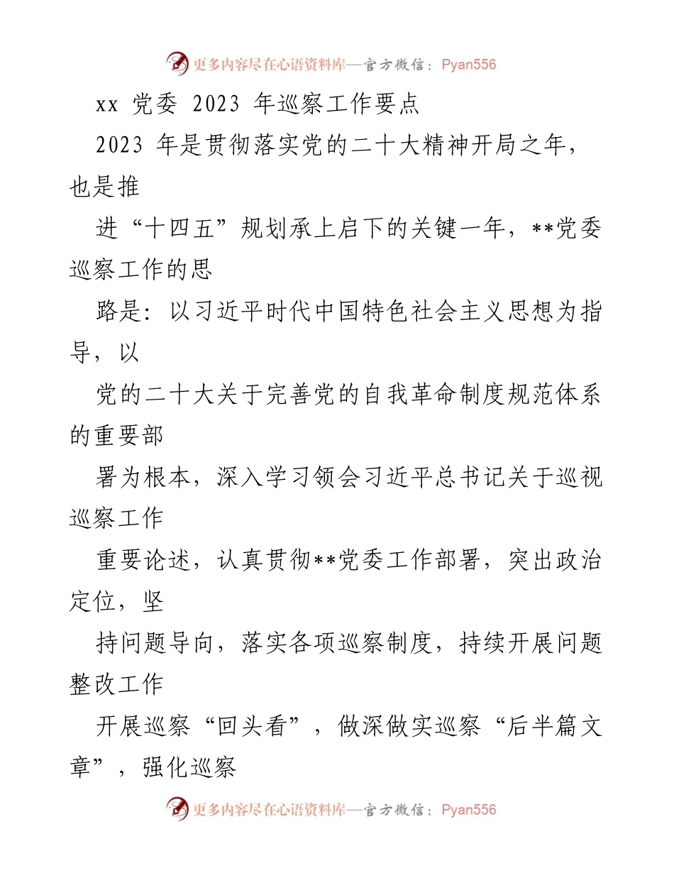 [工作总结] 党委巡察工作会议 - 2023年党委巡察工作要点及整改措施.docx_第1页