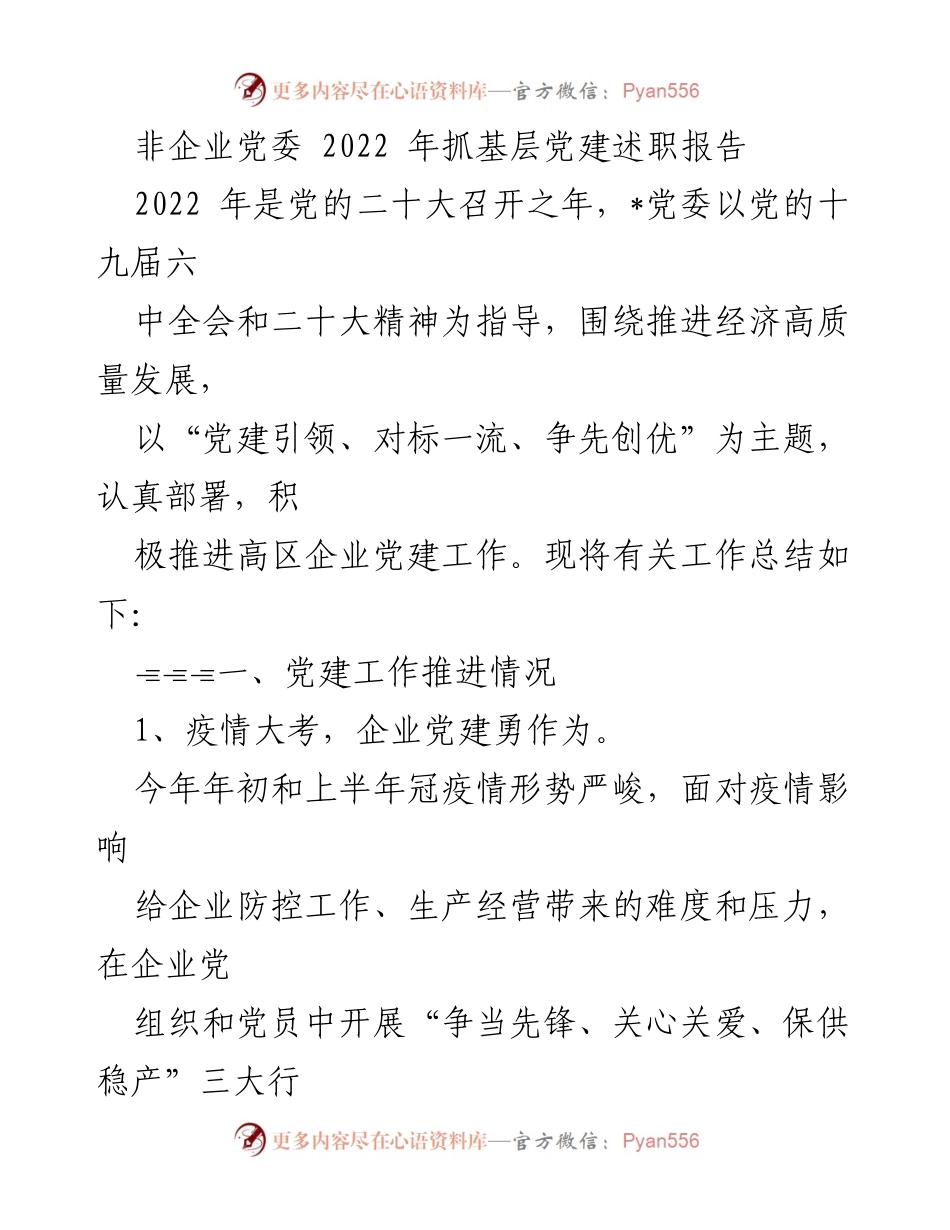 [工作总结] 党建工作 - 2022年度非企业党委基层党建工作述职报告.docx_第1页