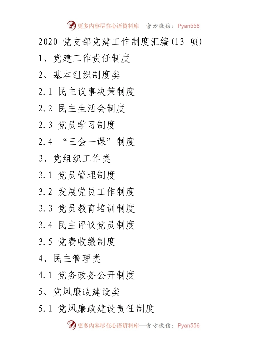 [工作总结] 党建工作 - 2020年党支部党建工作制度汇编与实施总结.docx_第1页