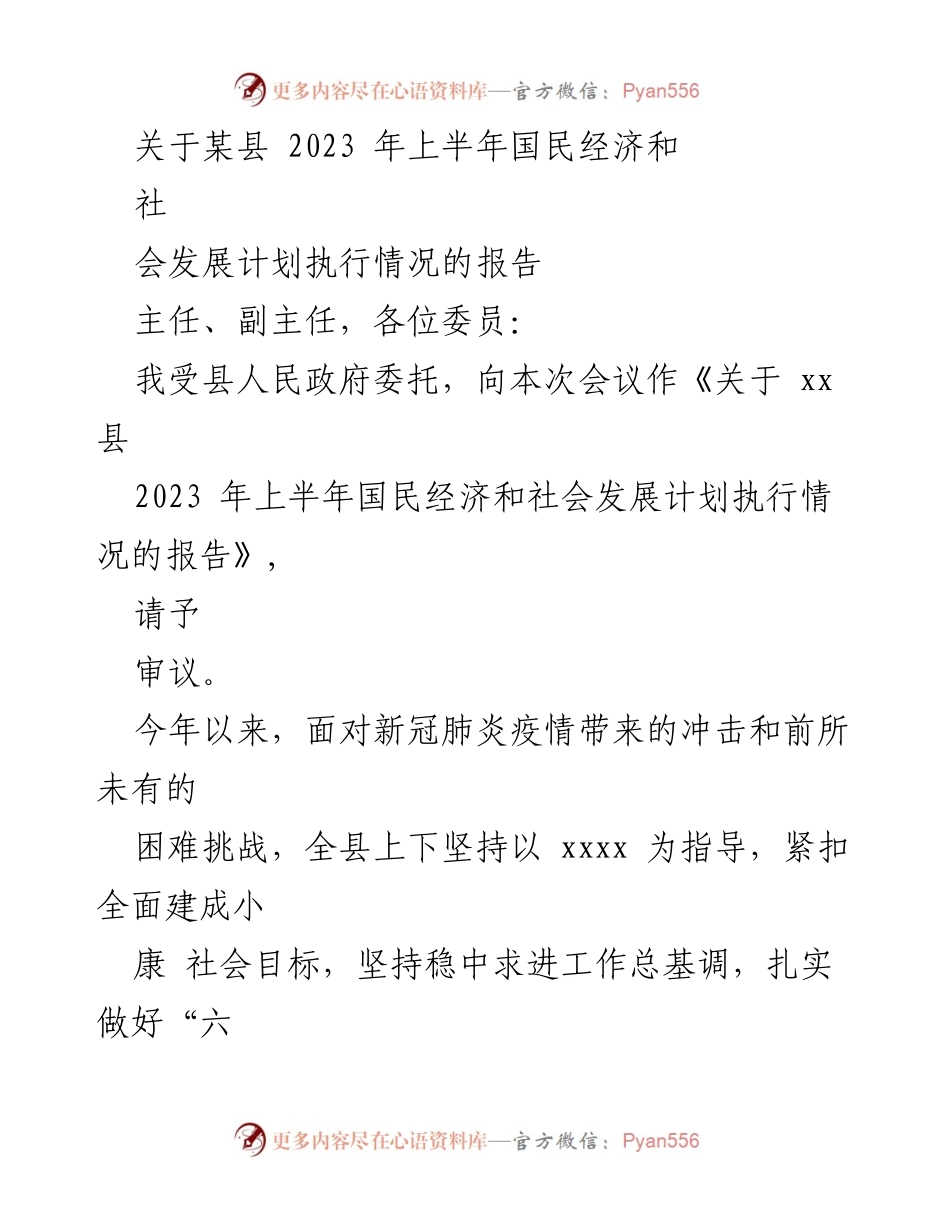 [工作总结] 会议 - 2023年上半年某县国民经济与社会发展计划执行情况报告.docx_第1页