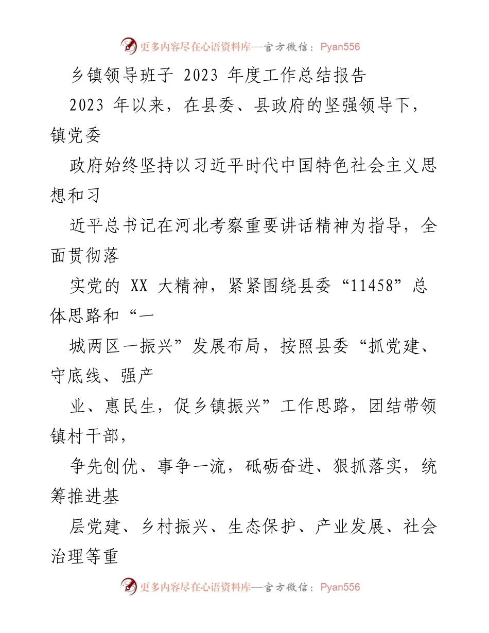 [工作总结] 乡镇年度总结 - 2023年乡镇领导班子工作总结报告.docx_第1页