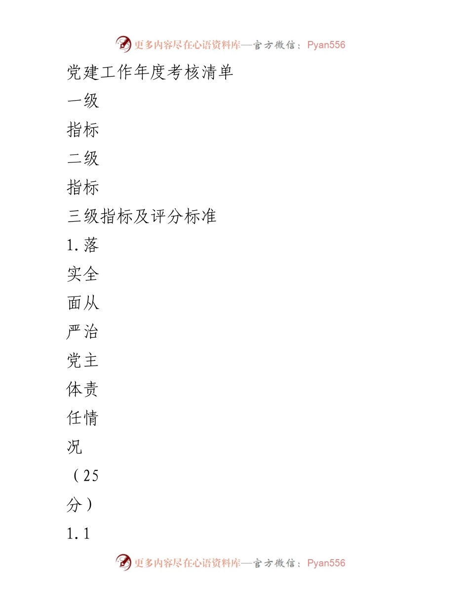 [工作总结] 党建工作年度考核 - 党建工作年度考核指标及评分标准.docx_第1页
