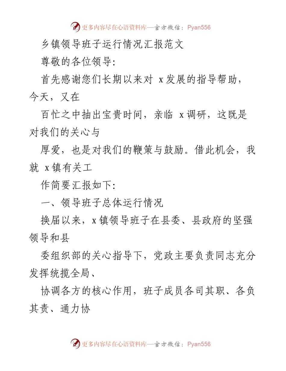 [工作总结] 乡镇领导班子 - 乡镇领导班子运行情况汇报.docx_第1页