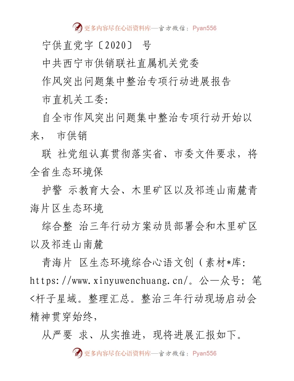 [工作总结] 作风整治专项行动 - 西宁市供销联社作风突出问题整治专项行动进展报告.docx_第1页