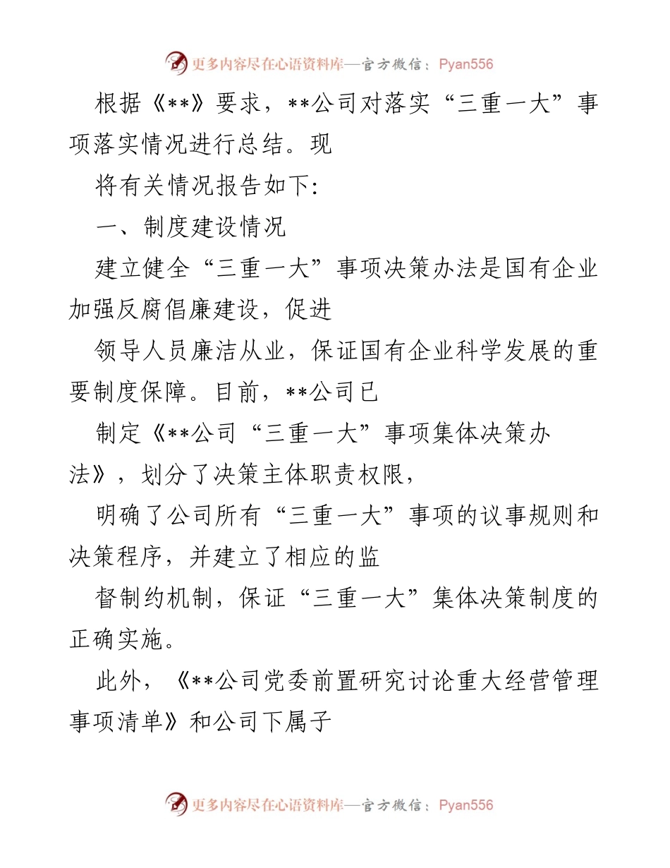 [工作总结] 企业制度建设 - __公司“三重一大”事项落实情况总结报告.docx_第1页