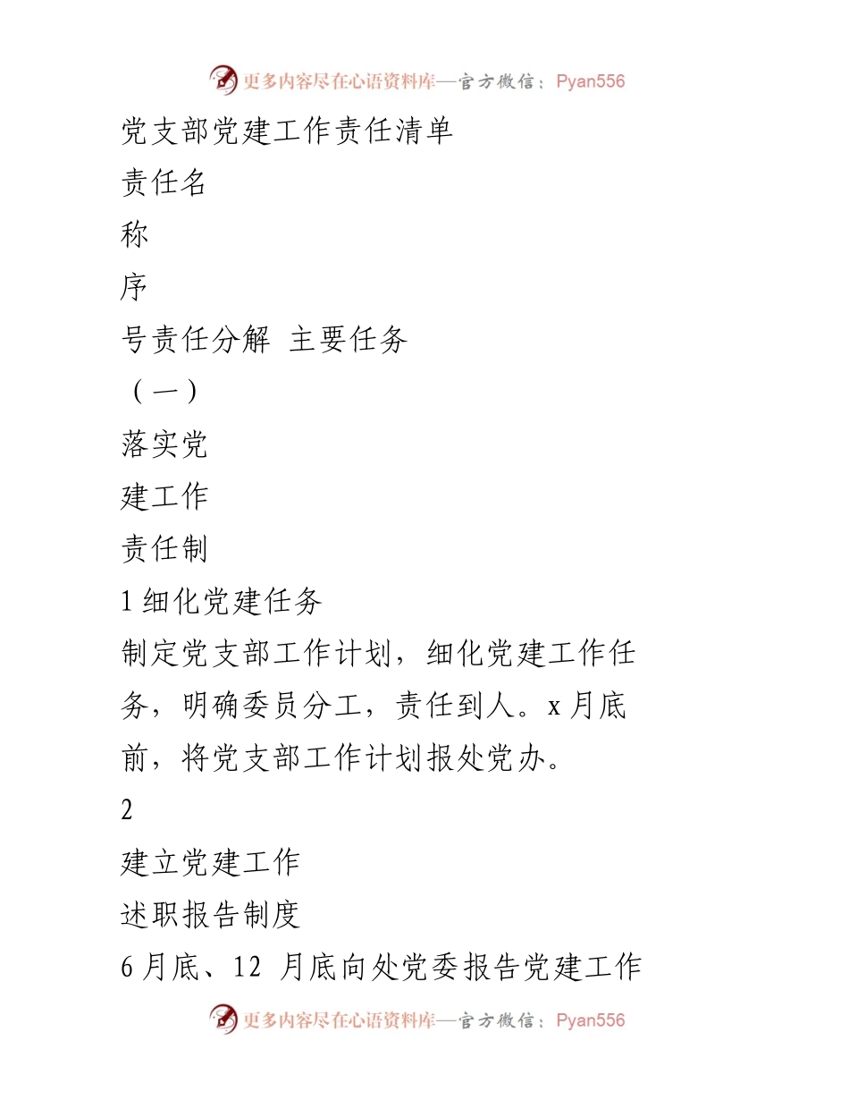 [工作总结] 党建工作 - 党支部党建工作责任清单及实施计划.docx_第1页