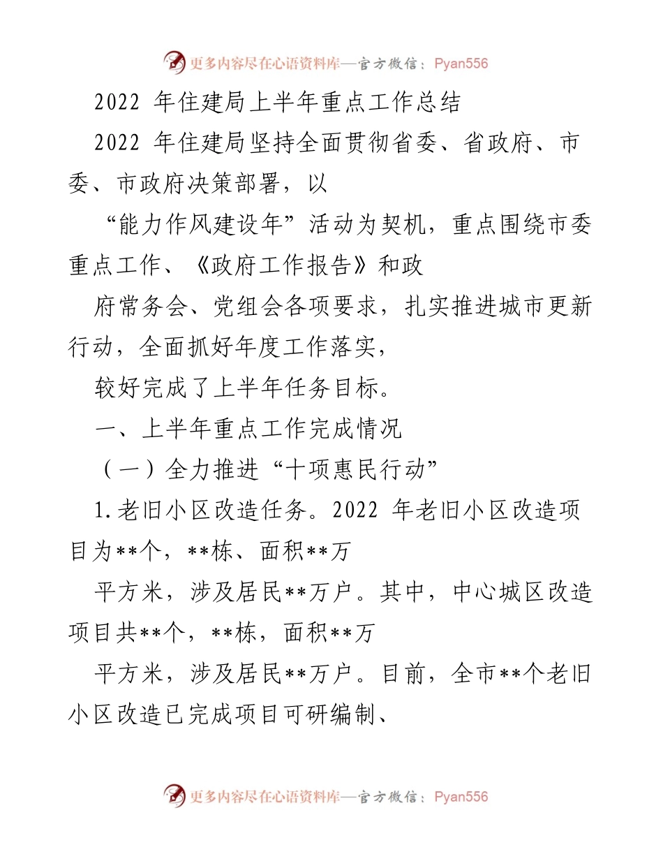 [工作总结] 住建局 - 2022年上半年重点工作总结.docx_第1页