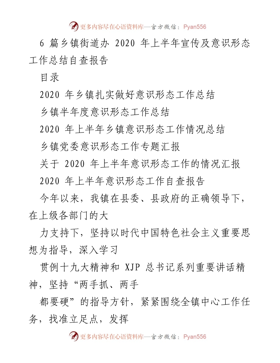 [工作总结] 乡镇街道办 - 2020年上半年乡镇意识形态工作总结与自查报告.docx_第1页
