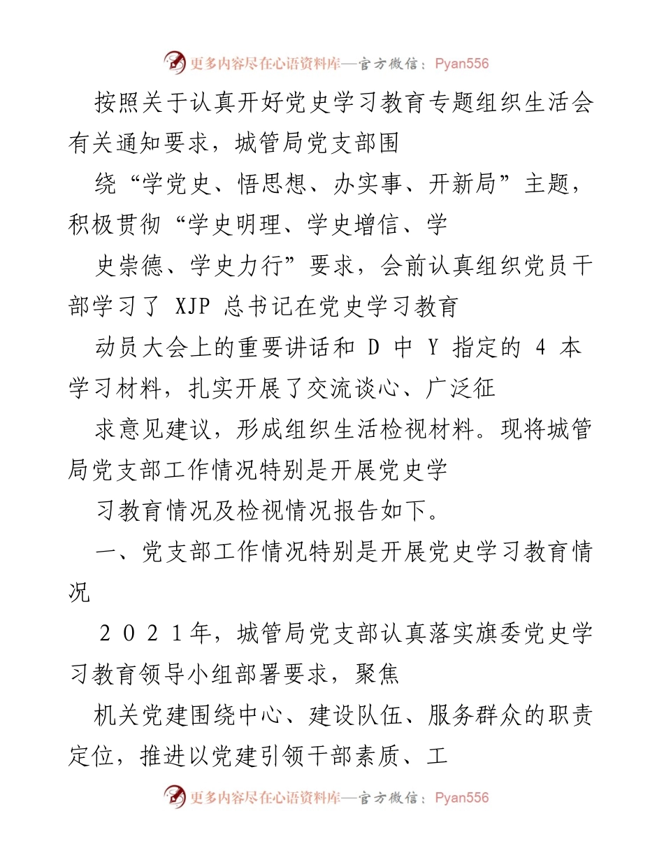 [工作总结] 党史学习教育专题组织生活会 - 城管局党支部党史学习教育工作总结报告.docx_第1页