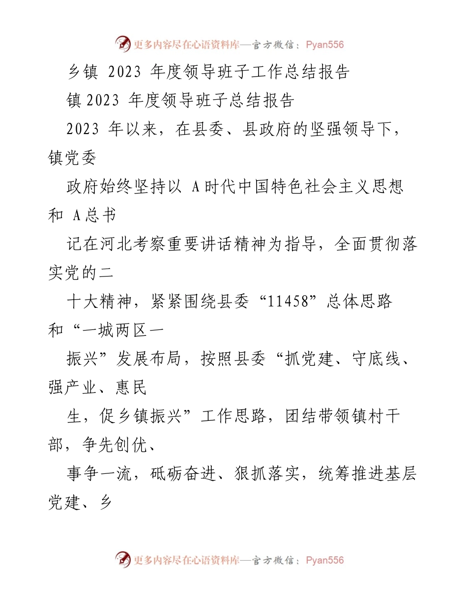 [工作总结] 乡镇年度总结 - 2023年度乡镇领导班子工作总结报告.docx_第1页