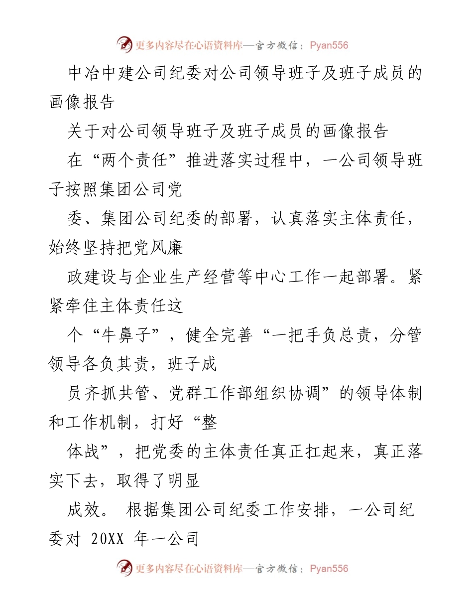 [工作总结] 企业管理 - 中冶中建公司领导班子主体责任履行情况报告.docx_第1页
