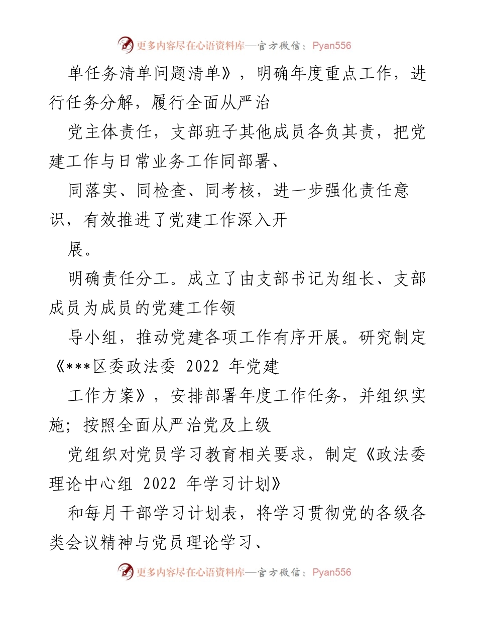 [工作总结] 党建工作 - 区委政法委党支部2022年党建工作总结.docx_第2页