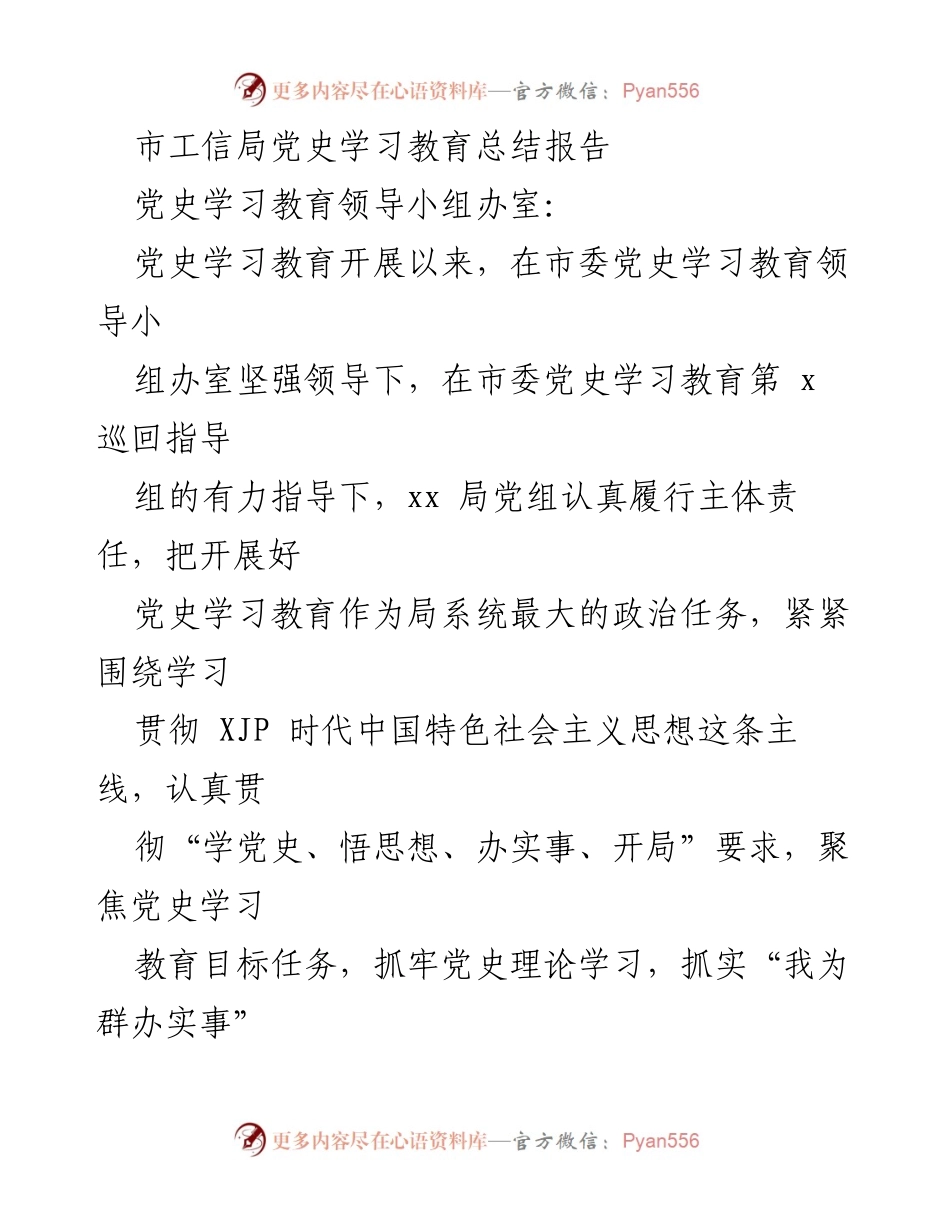 [工作总结] 党史学习教育 - 市工信局党史学习教育总结报告_1.docx_第1页