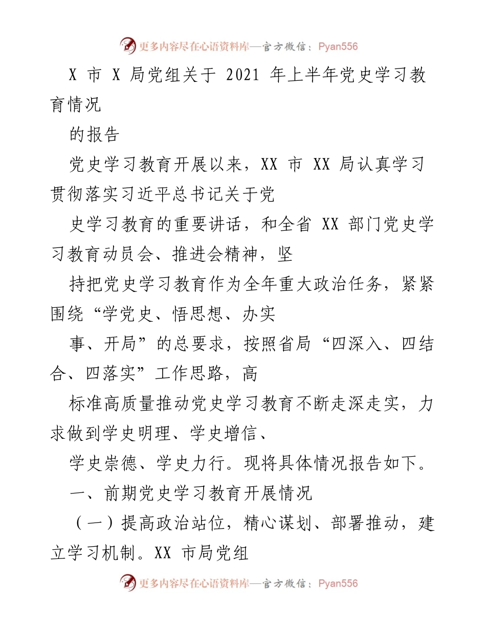 [工作总结] 党史学习教育 - XX市XX局2021年上半年党史学习教育情况报告.docx_第1页