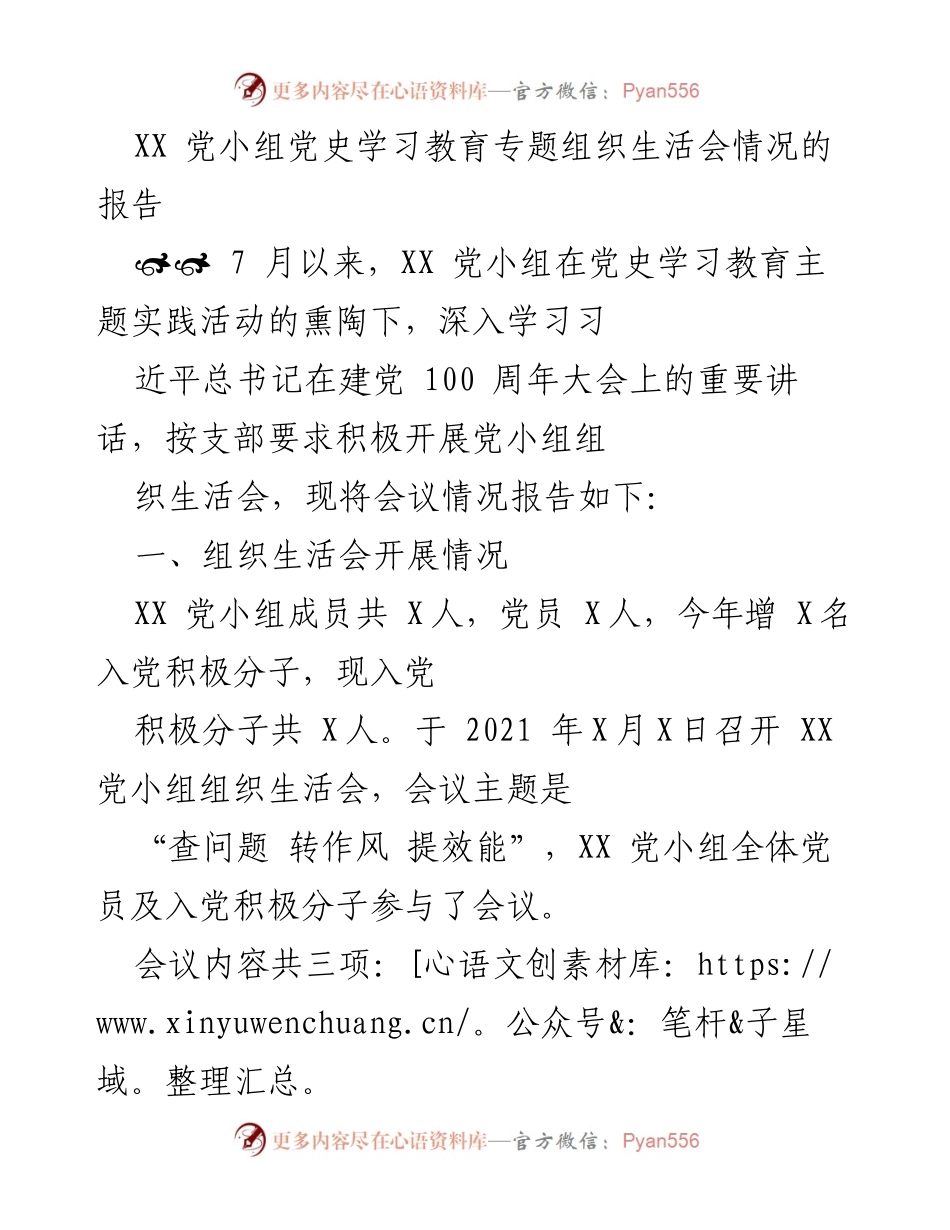 [工作总结] 党小组组织生活会 - XX党小组党史学习教育组织生活会情况报告.docx_第1页
