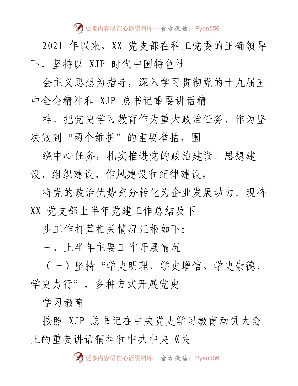 [工作总结] 党建工作 - XX 党支部上半年党建工作总结及下步工作打算.docx_第1页
