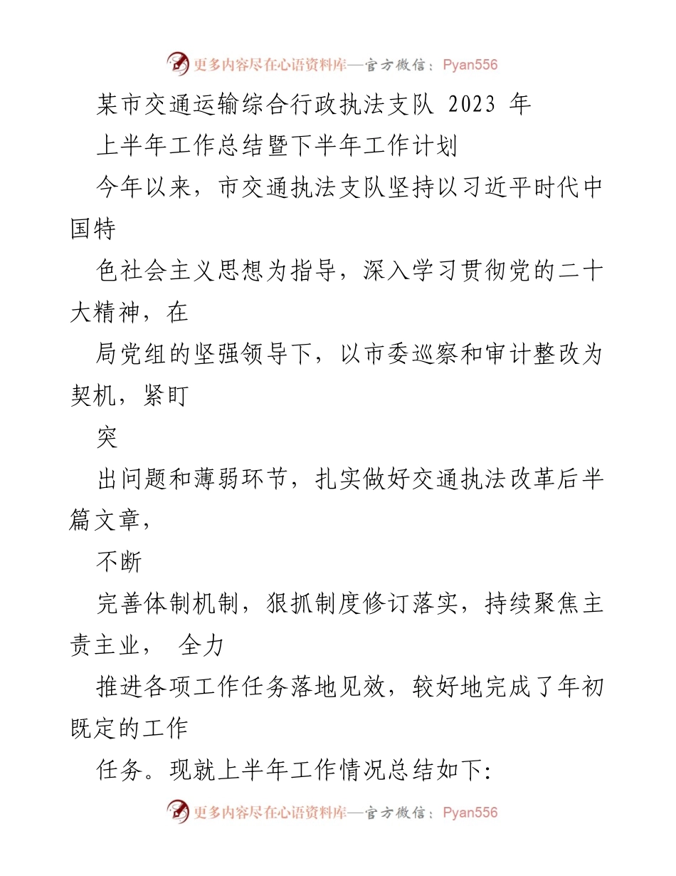 [工作总结] 交通执法 - 2023年上半年交通运输执法工作总结与下半年计划.docx_第1页