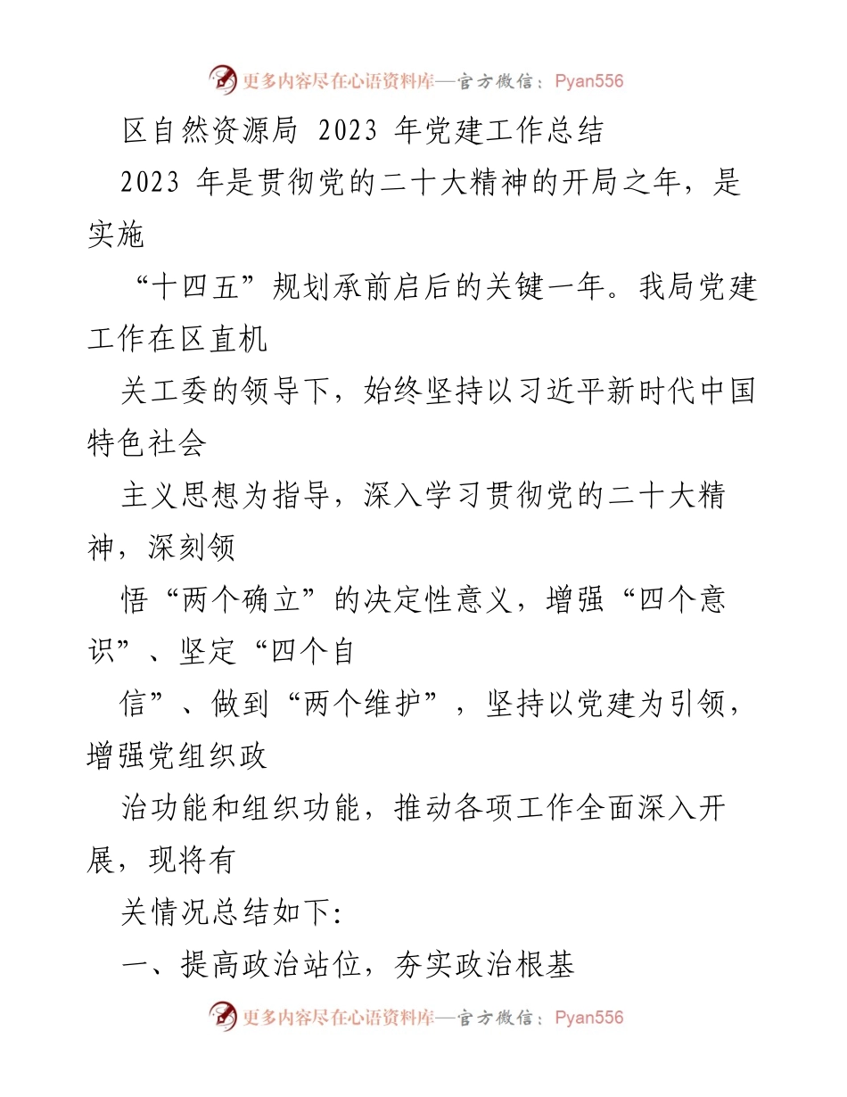 [工作总结] 党建工作 - 2023年区自然资源局党建工作总结_1.docx_第1页