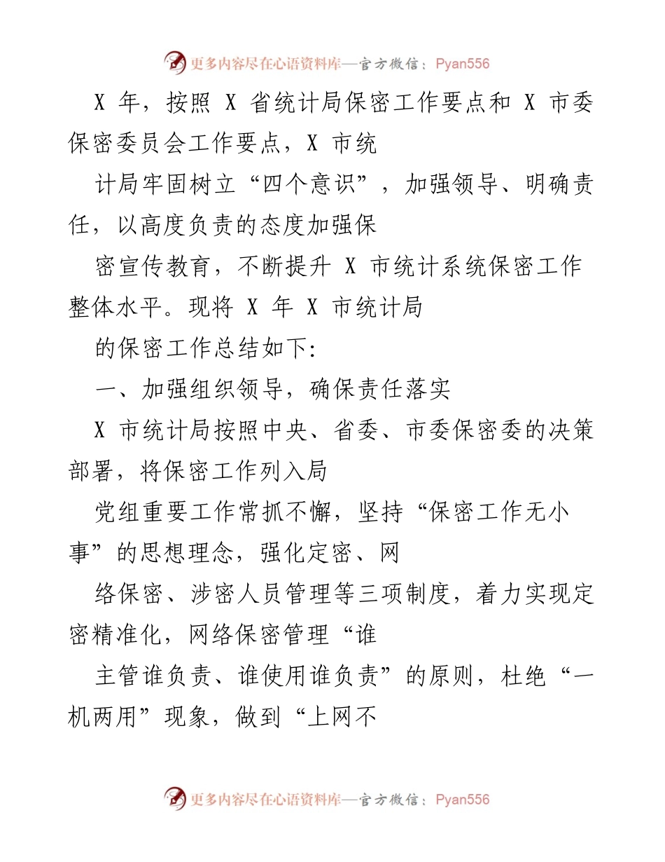[工作总结] 保密工作 - X市统计局202X年度保密工作总结.docx_第1页