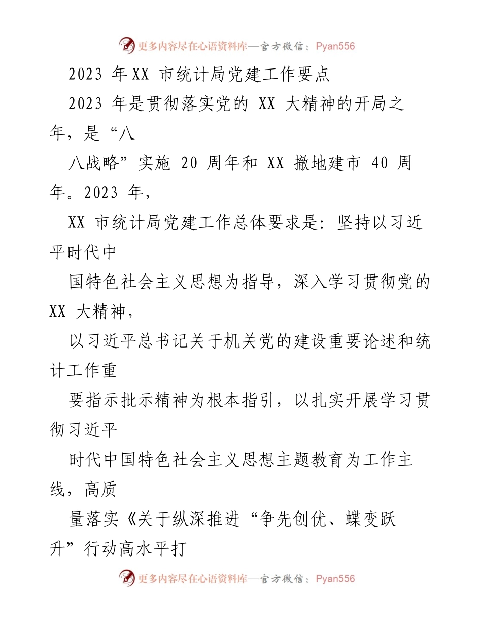 [工作总结] 党建工作会议 - 2023年XX市统计局党建工作要点与实施计划.docx_第1页