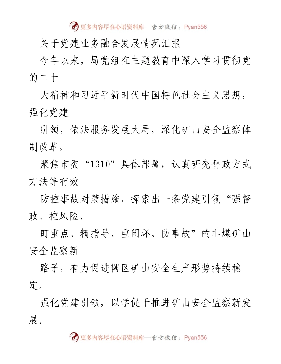 [工作总结] 党建业务融合 - 党建引领下的非煤矿山安全监察新发展情况汇报.docx_第1页