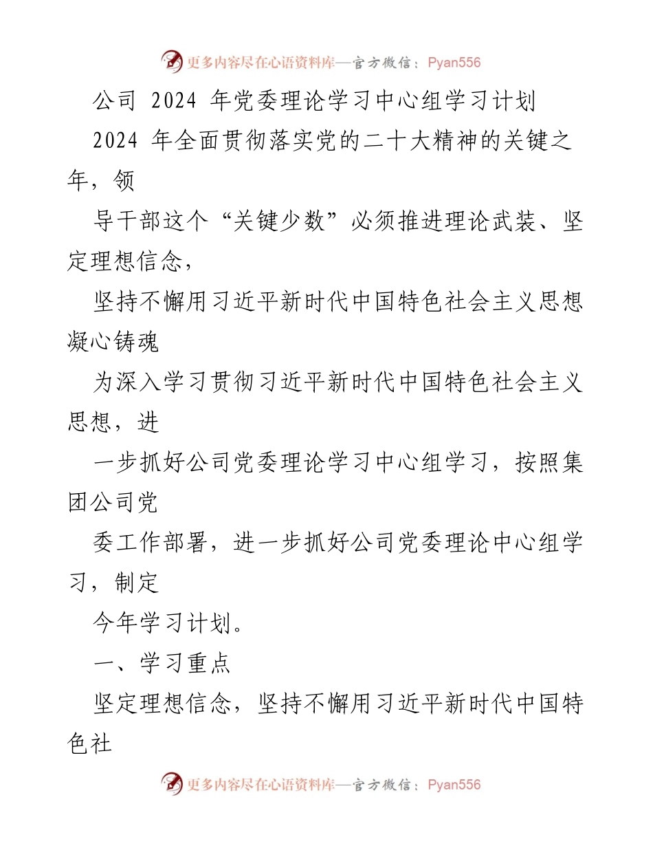 [工作总结] 党委理论学习中心组 - 2024年党委理论学习中心组学习计划概述.docx_第1页