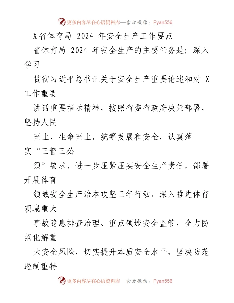 [工作总结] 体育局 - 2024年X省体育局安全生产工作要点总结.docx_第1页