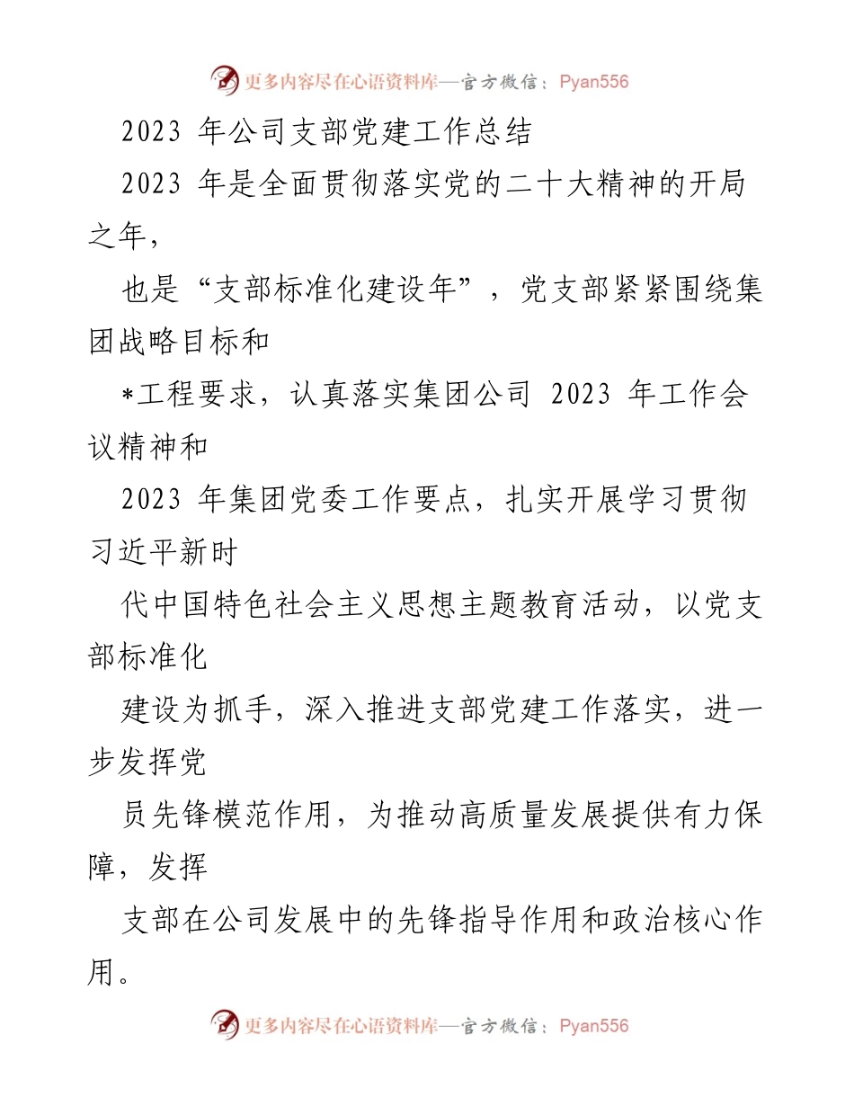 [工作总结] 党建工作 - 2023年公司支部党建工作总结.docx_第1页