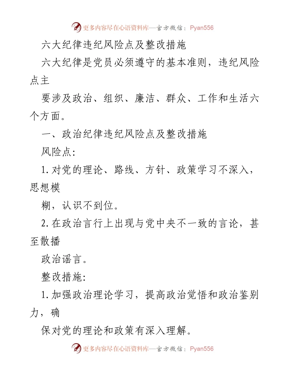 [工作总结] 党员纪律教育 - 六大纪律违纪风险点及整改措施总结.docx_第1页