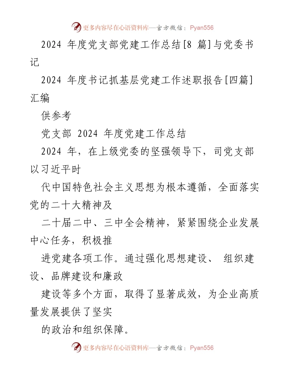 [工作总结] 党建工作 - 2024年度党支部党建工作总结与述职报告.docx_第1页