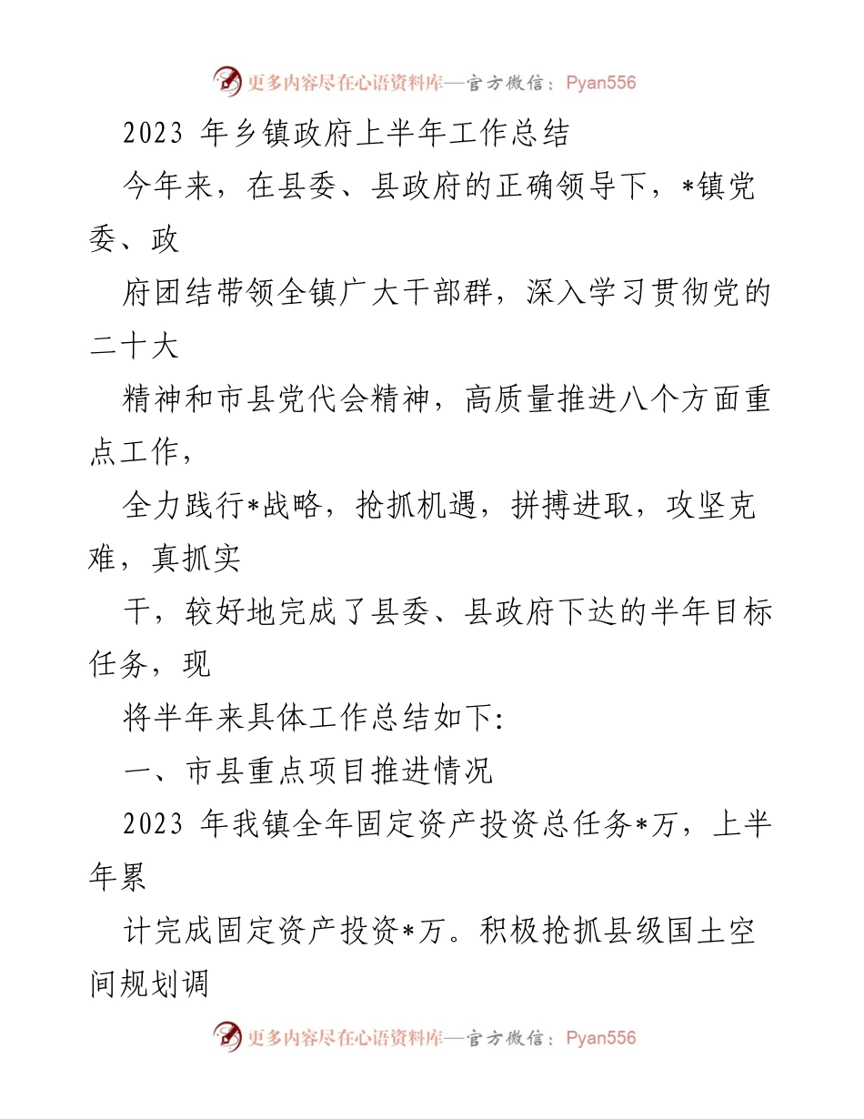 [工作总结] 乡镇政府 - 2023年上半年工作总结报告.docx_第1页