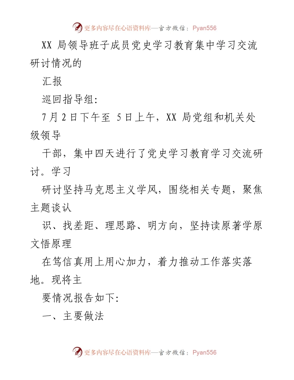 [工作总结] 党史学习教育 - XX局领导班子党史学习教育研讨情况汇报_1.docx_第1页