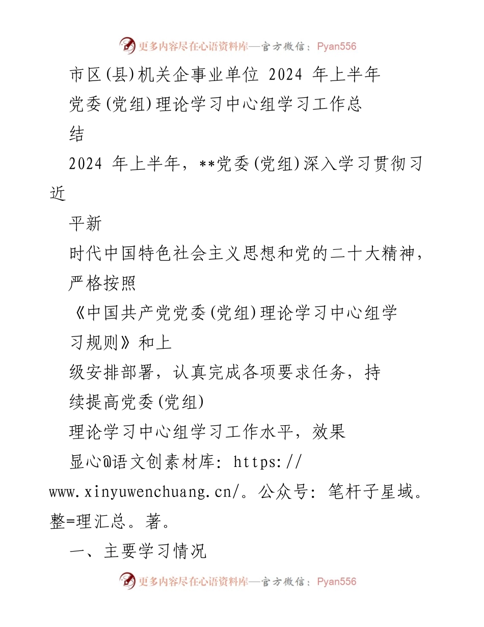 [工作总结] 党委(党组)理论学习中心组 - 2024年上半年理论学习工作总结.docx_第1页