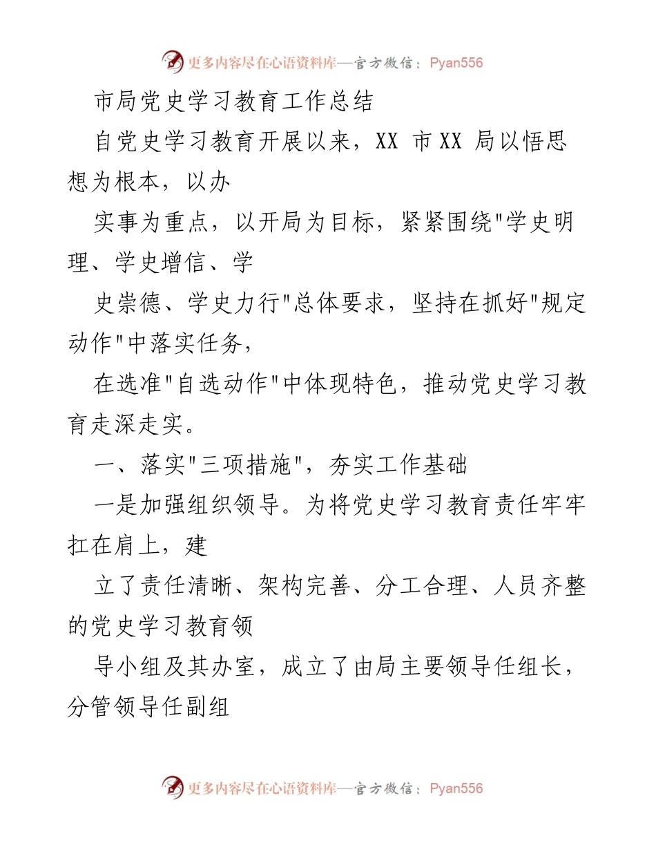 [工作总结] 党史学习教育 - XX市局党史学习教育工作总结.docx_第1页