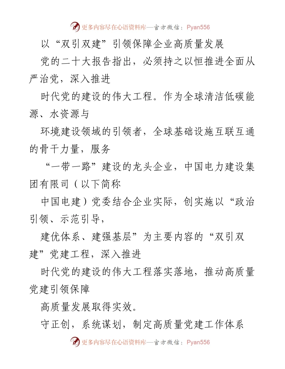 [工作总结] 企业党建 - 以“双引双建”推动中国电建高质量发展.docx_第1页
