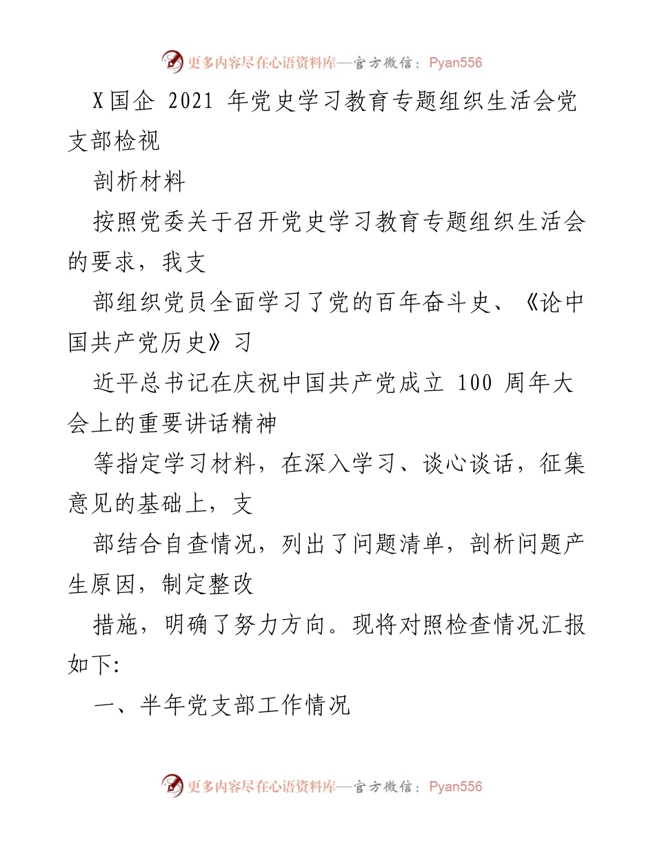[工作总结] 党史学习教育专题组织生活会 - 2021年党支部检视剖析报告.docx_第1页