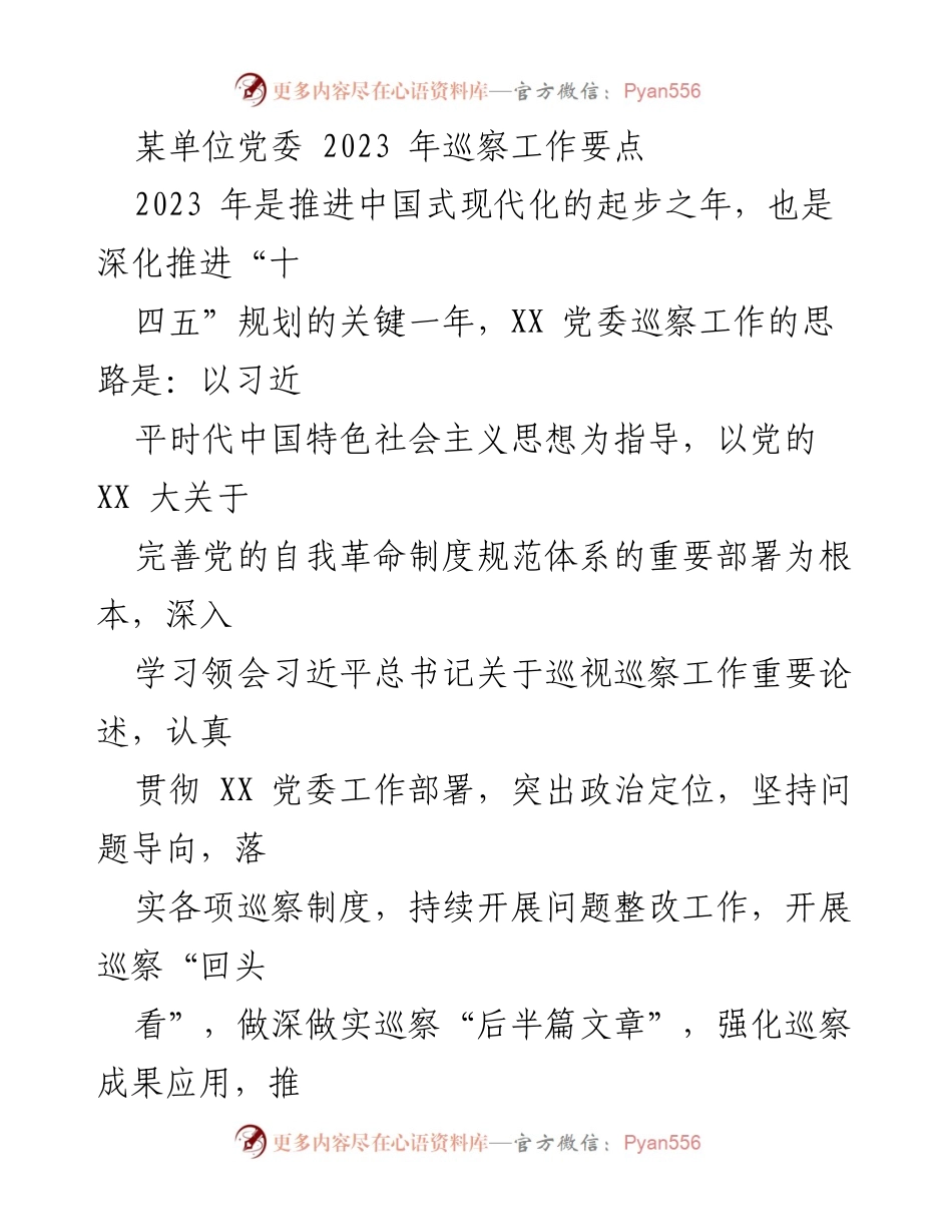 [工作总结] 党委巡察工作 - 2023年党委巡察工作要点与整改措施.docx_第1页
