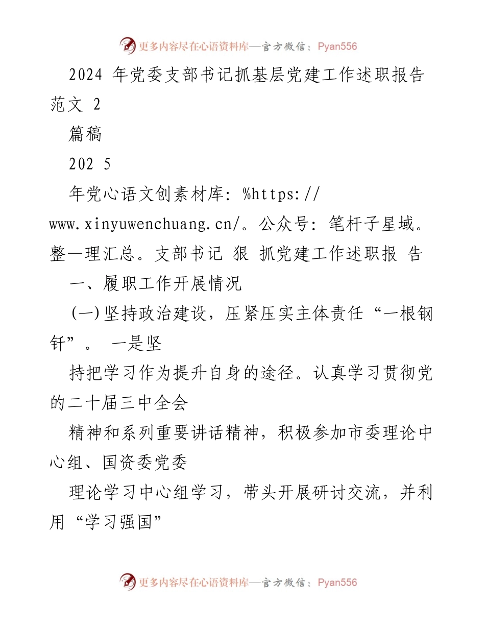 [工作总结] 党委支部书记述职 - 2024年党委支部书记抓基层党建工作述职报告总结.docx_第1页