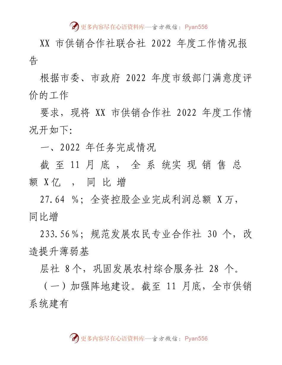 [工作总结] 供销合作社年度工作汇报 - XX市供销合作社2022年度工作总结报告.docx_第1页