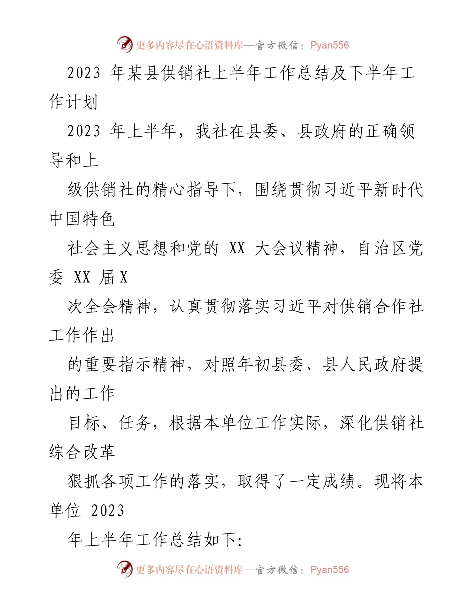 [工作总结] 供销社 - 2023年上半年工作总结与下半年计划.docx_第1页