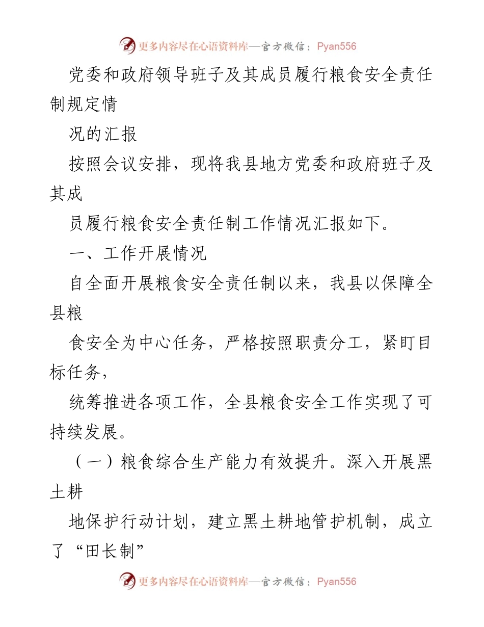 [工作总结] 党委和政府会议 - 粮食安全责任制履行情况汇报.docx_第1页