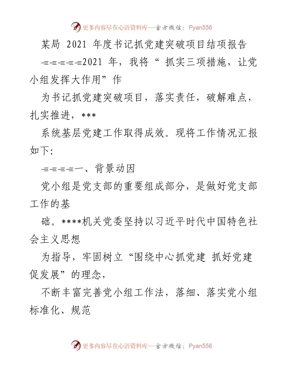 [工作总结] 党建工作 - 2021年度书记抓党建突破项目结项报告.docx_第1页